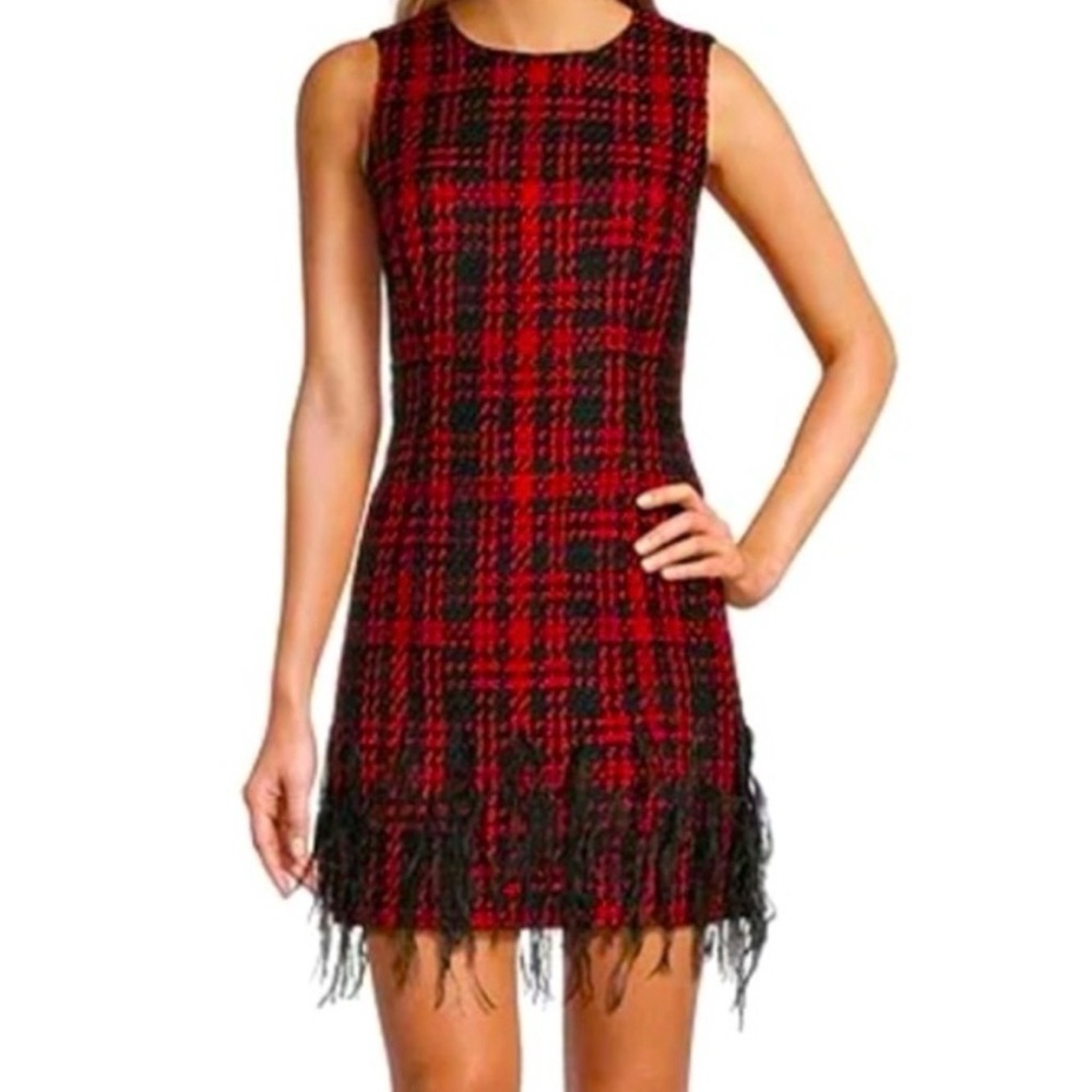 ANTONIO MELANI Irine Tweed Feather Sleeveless Sheath Dress Red Black Size 4 NWT
